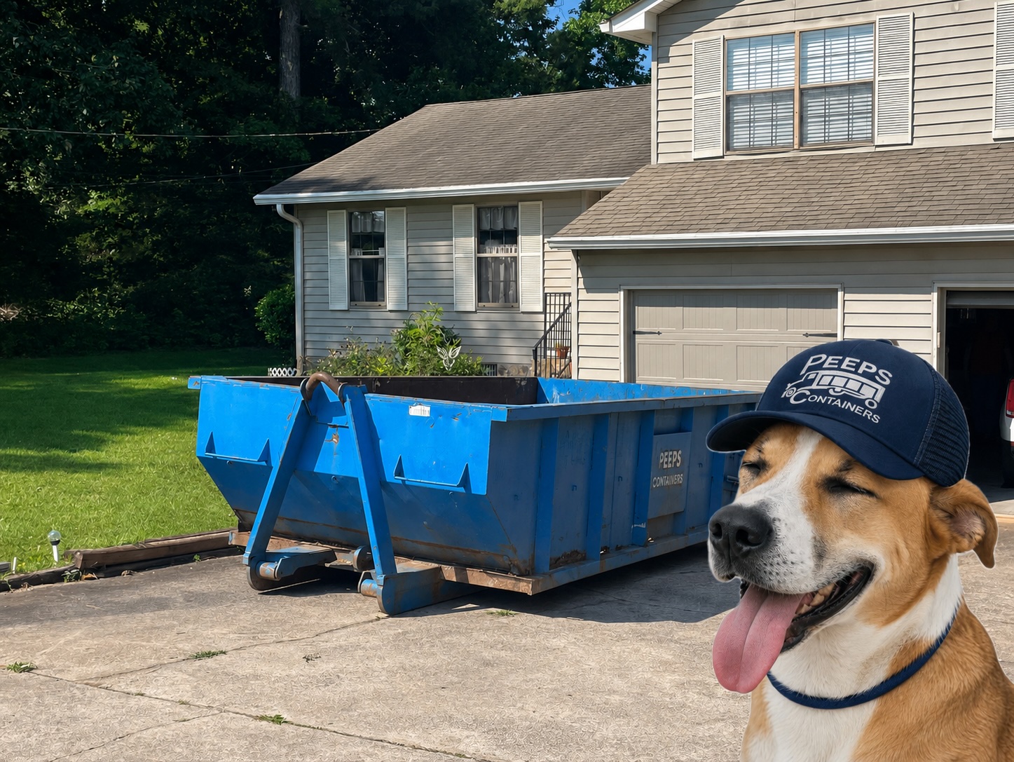 home-cleanout-dumpster-atlanta-peeps-containers - Peeps Containers Happy brown-and-white dog wearing a blue cap labeled 'PEEPS Containers' in a driveway beside a large blue dumpster in front of a house.