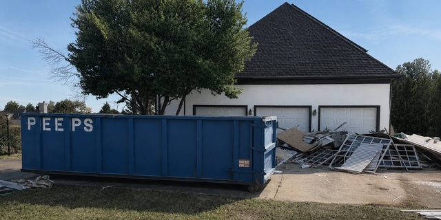 renovation-debris-dumpster-rental-fayetteville-ga Blue dumpster parked in a driveway in front of a white house, with a pile of debris and metal scaffolding nearby under a clear blue sky.