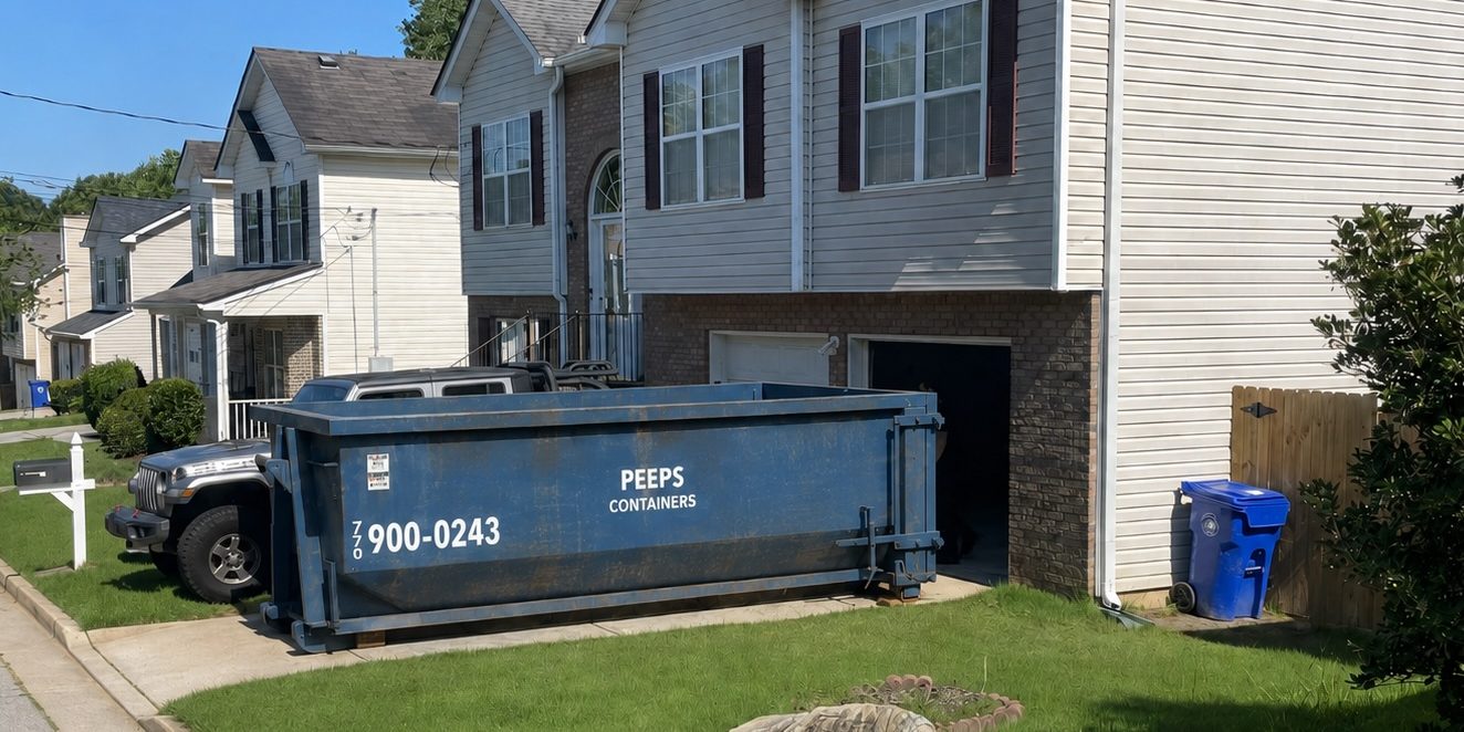 residential-garage-cleanout-dumpster-rental-atlanta-area Blue garage cleanout dumpster in the driveway of a suburban home, with a grey SUV nearby and a blue recycling bin nearby on the lawn.
