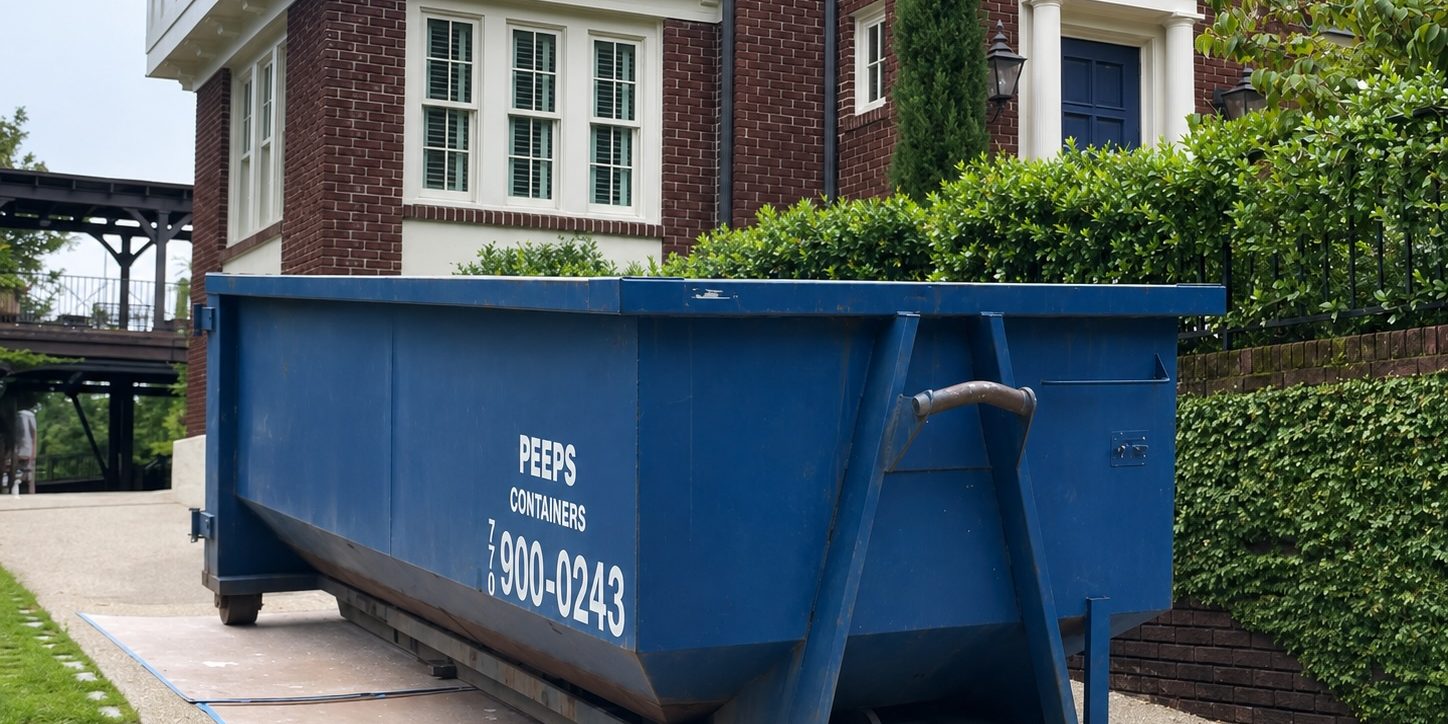 20-yard-dumpster-rental-atlanta-driveway Blue Peeps Containers 20-yard dumpster rental in Atlanta placed in a residential driveway