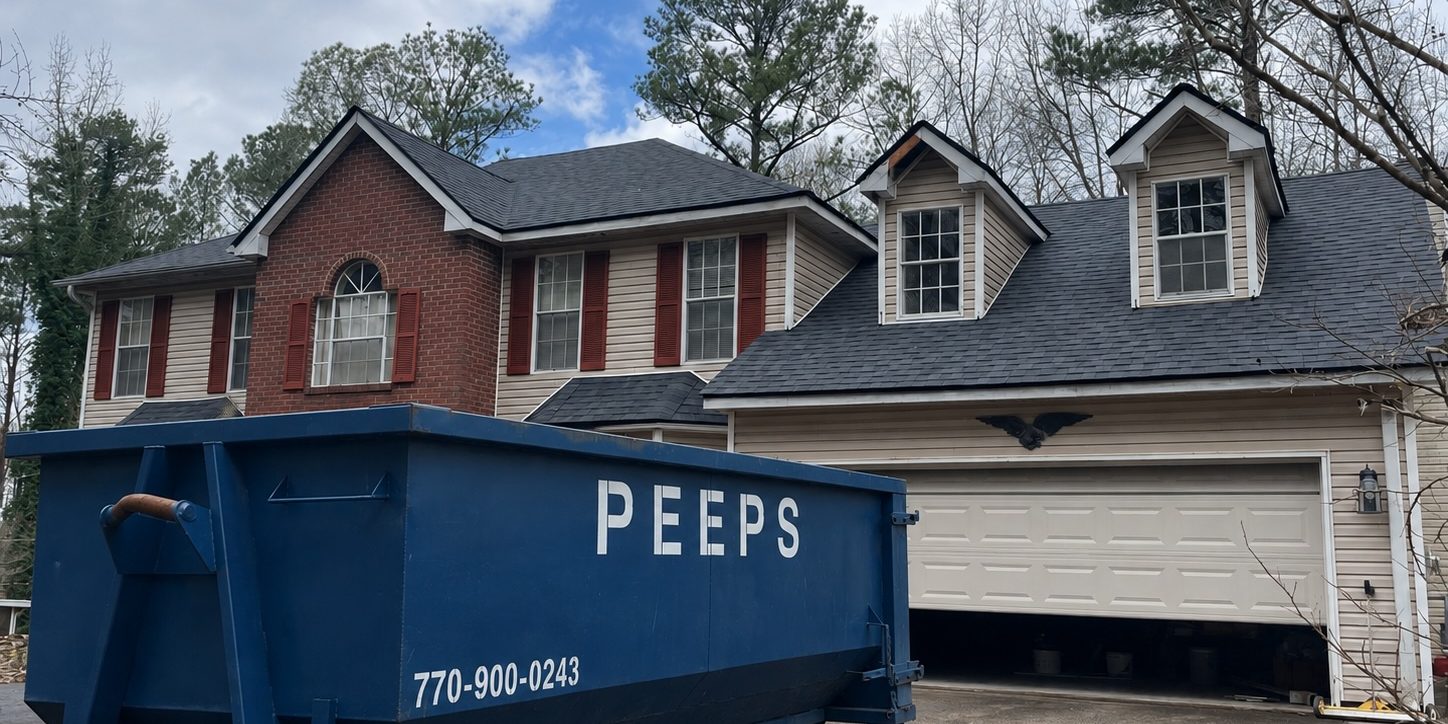 What Size Dumpster Do I Need? Blue dumpster on the driveway in front of a two-story brick-and-siding house with dormer windows. Placed near an open garage door.