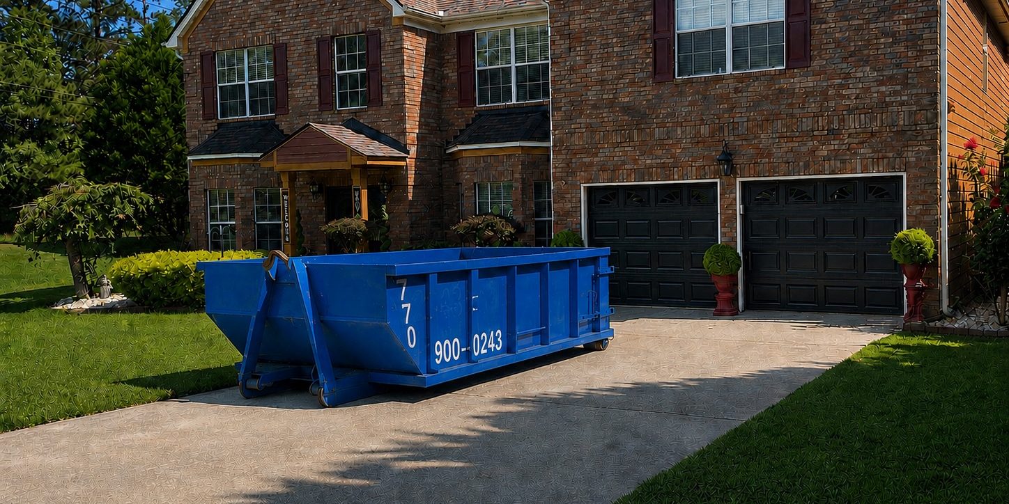 fall-garage-cleanout-dumpster-rental-atlanta Blue dumpster parked in the driveway in front of a two-story brick house with a two-car garage on a sunny day.