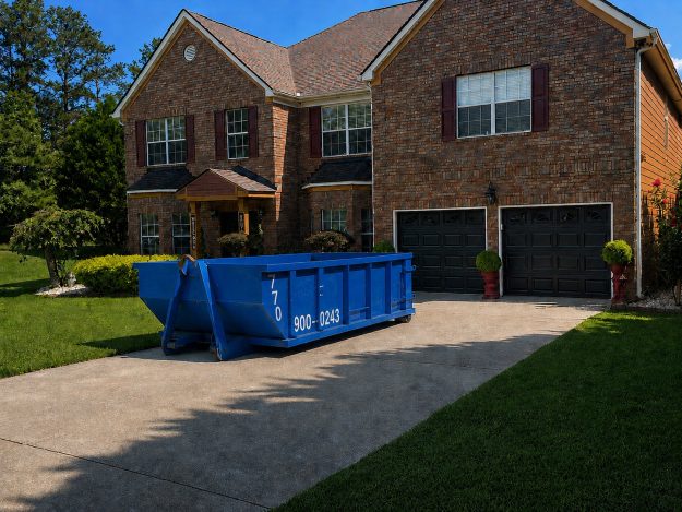 fall-garage-cleanout-dumpster-rental-atlanta Blue dumpster parked in the driveway in front of a two-story brick house with a two-car garage on a sunny day.