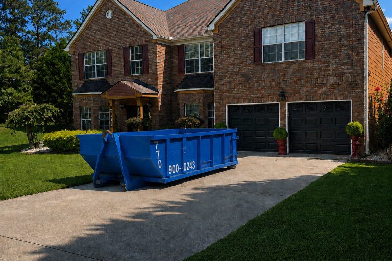 fall-garage-cleanout-dumpster-rental-atlanta Two-story brick suburban house with a two-car garage; a large blue dumpster sits in the concrete driveway.