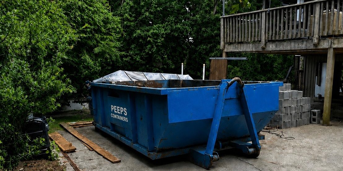 sandy-springs-moving-cleanout-dumpster-rental Blue dumpster labeled 'Peeps Containers' on a concrete driveway with wooden planks nearby and a wooden deck in a green, partially wooded yard.