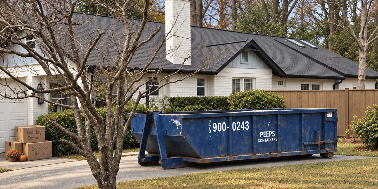 atlanta-basement-cleanout-dumpster-before-holidays Peeps Containers roll-off dumpster at an Atlanta-area home during a basement cleanout