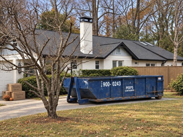 atlanta-basement-cleanout-dumpster-before-holidays Peeps Containers roll-off dumpster at an Atlanta-area home during a basement cleanout