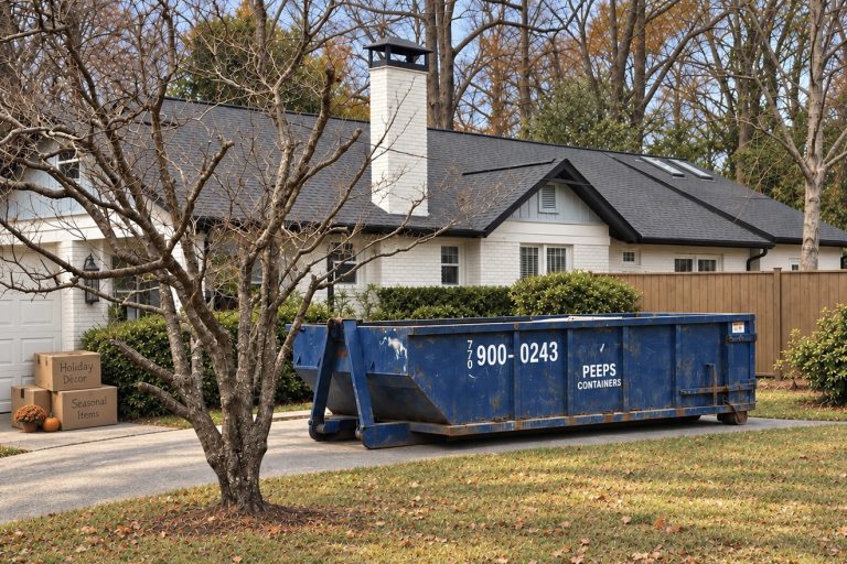 atlanta-basement-cleanout-dumpster-before-holidays Peeps Containers roll-off dumpster at an Atlanta-area home during a basement cleanout