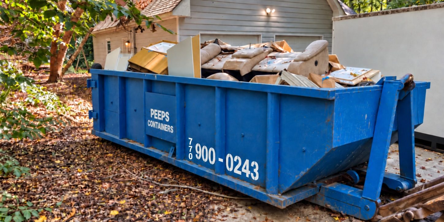 fayetteville-ga-restoration-cleanup-15-yard-dumpster-peeps-containers 15-yard Peeps Containers roll-off dumpster at a restoration cleanup project in Fayetteville, Georgia